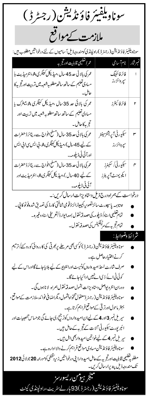 Sona Welfare Organization Requires Fire Fighting Staff And Security Staff In Rawalpindi The 